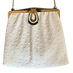Vintage White Faux Ostrich Leather Purse Gold Hardware And Chain Crossbody